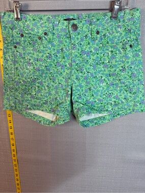 J. Crew Green Floral Denim Shorts with Purple Accents